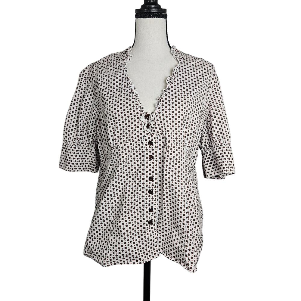 Cato White & Brown Polka Dot Ruffle V-Neck Button-Up Blouse Large Cotton Blend